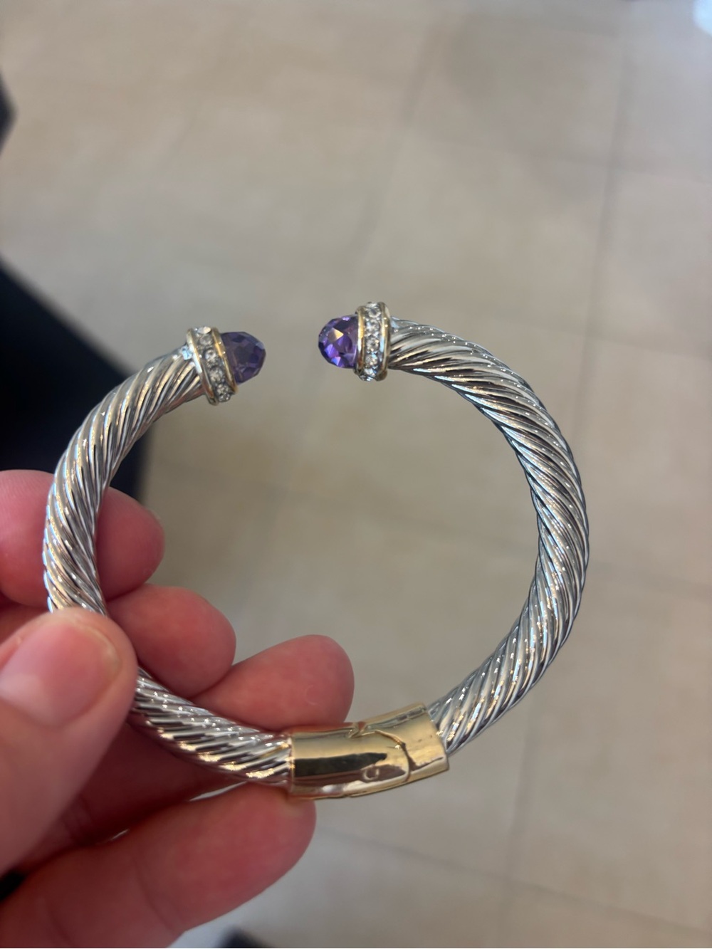 Silver-Tone Twisted Cable Cuff Bracelet with Purple Gem Ends